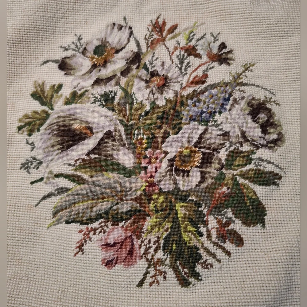 Vintage French Country Hand Stitched Floral Petit Point Wool Cotton Pillow Cover